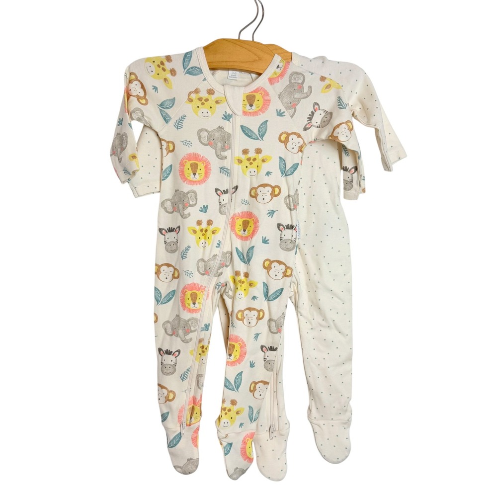 Purebaby 2 Pack Zip Growsuit Savanna Friends Polka Dot 100% Cotton 3-6M NWT